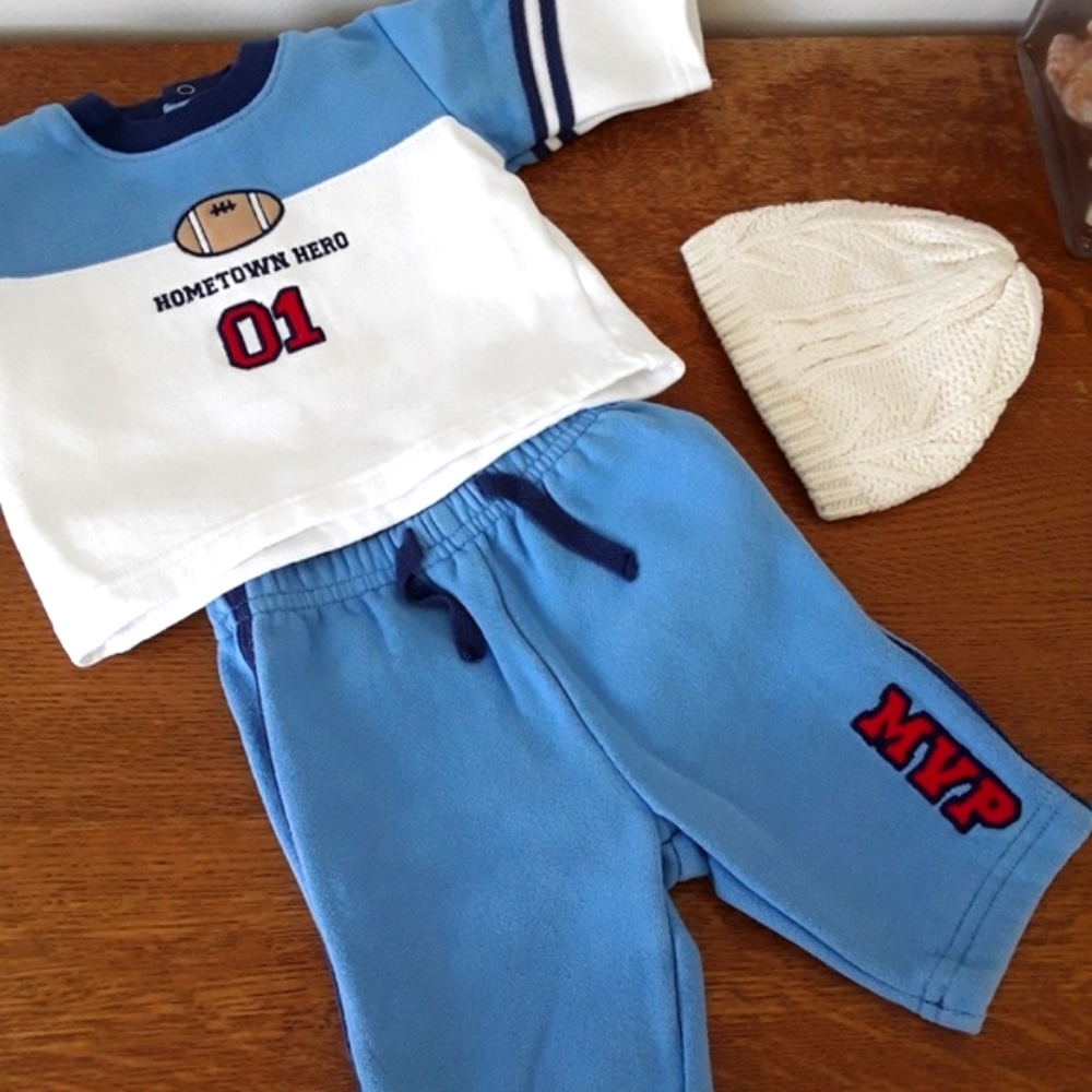 Warm Cotton Sweatshirt/ Pants set + Hat, 3 months